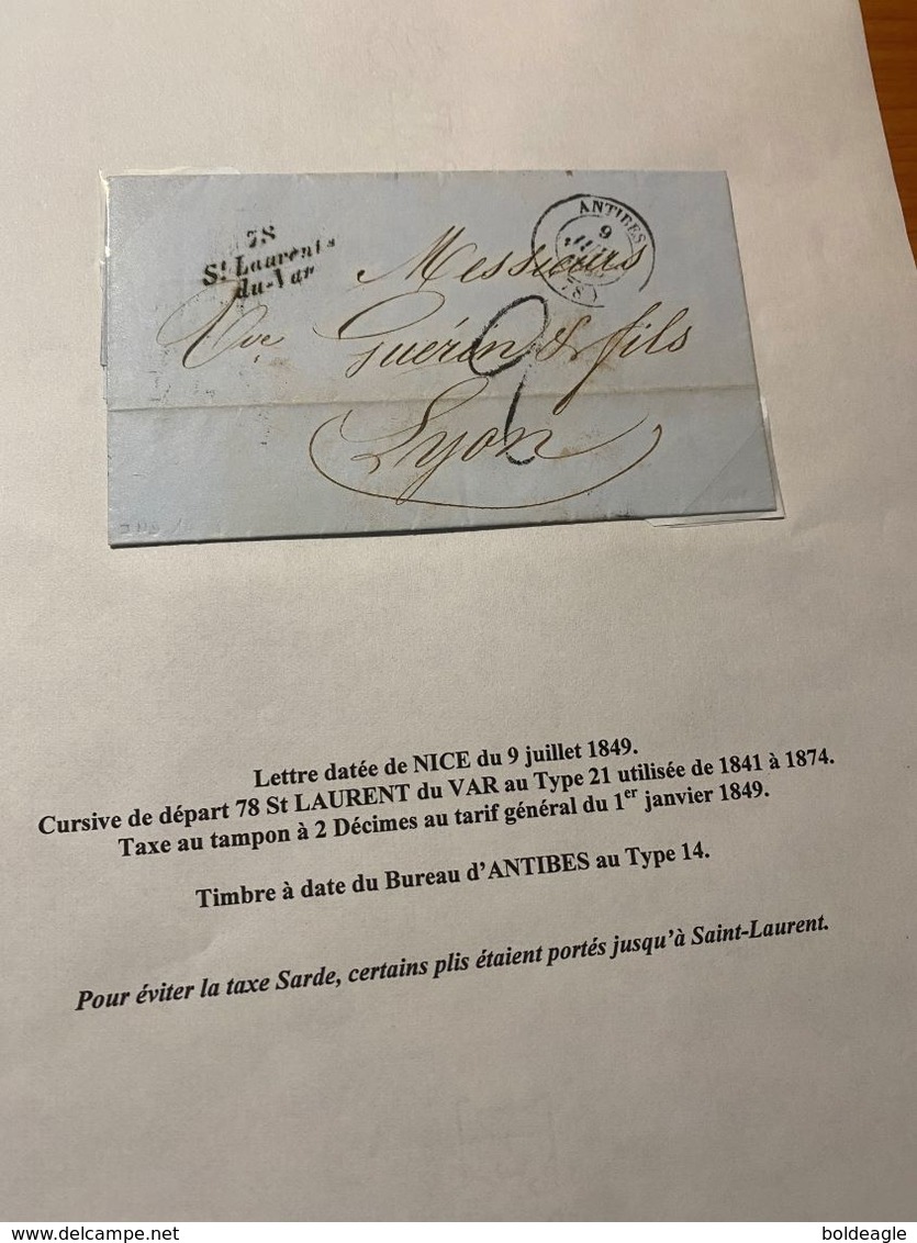 LETTRE DU 9 JUILLET 1849 DE NICE -  Taxe Au Tampon à 2 Decimes - DESCRIPTIF GENERAL VOIRE SCAN - 1849-1876: Classic Period