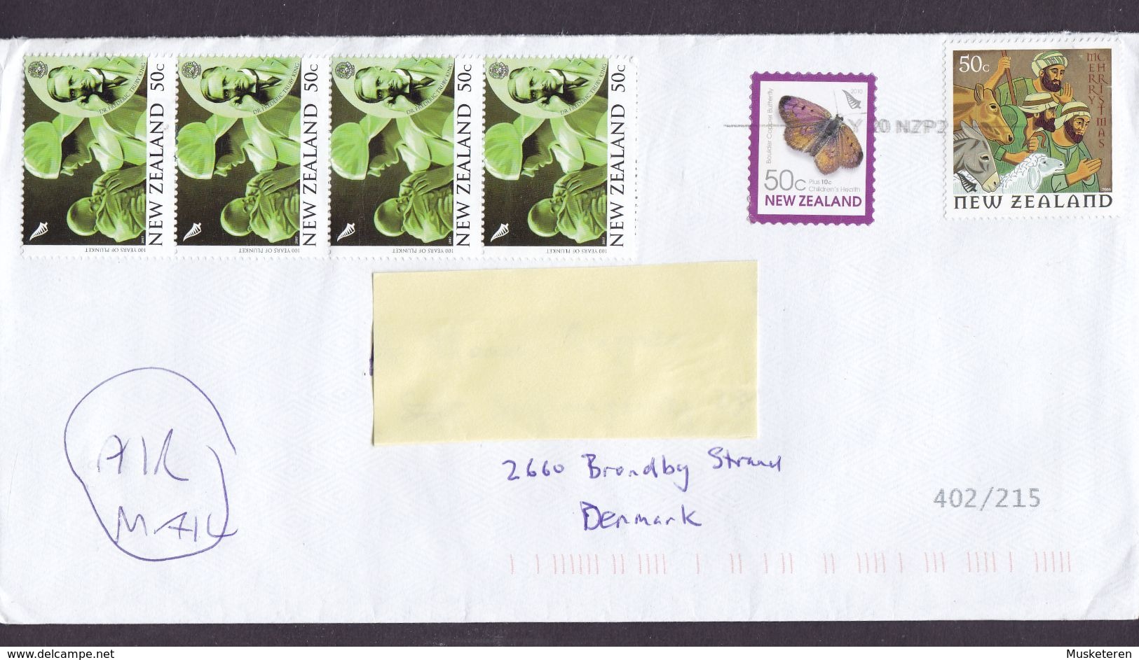 New Zealand Air Mail WELLINGTON 2020 Cover Brief BRØNDBY STRAND Denmark Butterfly Schmeterling Papillon Plunket 4-Stripe - Briefe U. Dokumente