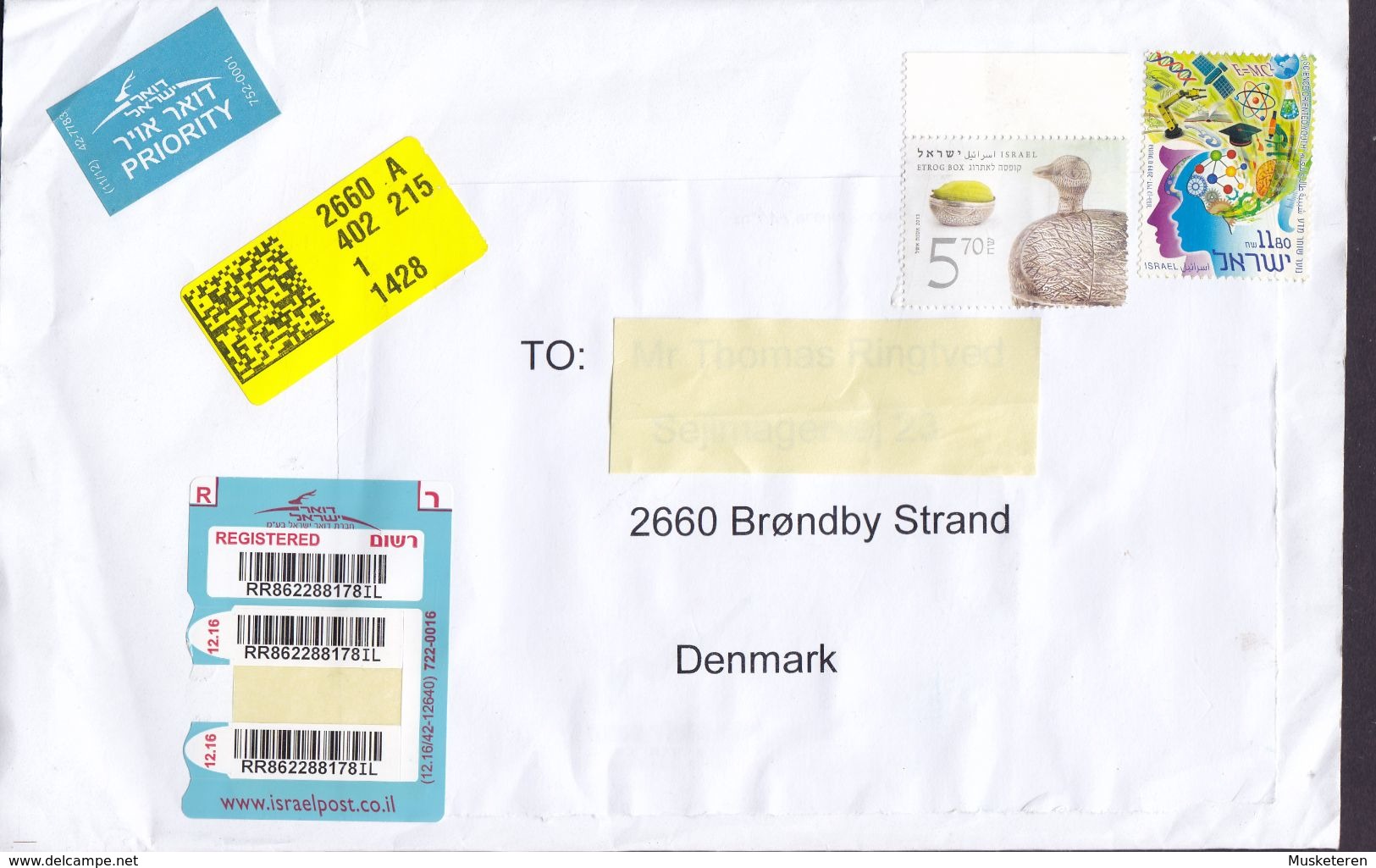 Israel PRIORITY & Registered Label RAANANA 2020 Cover Brief BRØNDBY STRAND Denmark Etrog Box E=MC2 Microscope - Cartas & Documentos