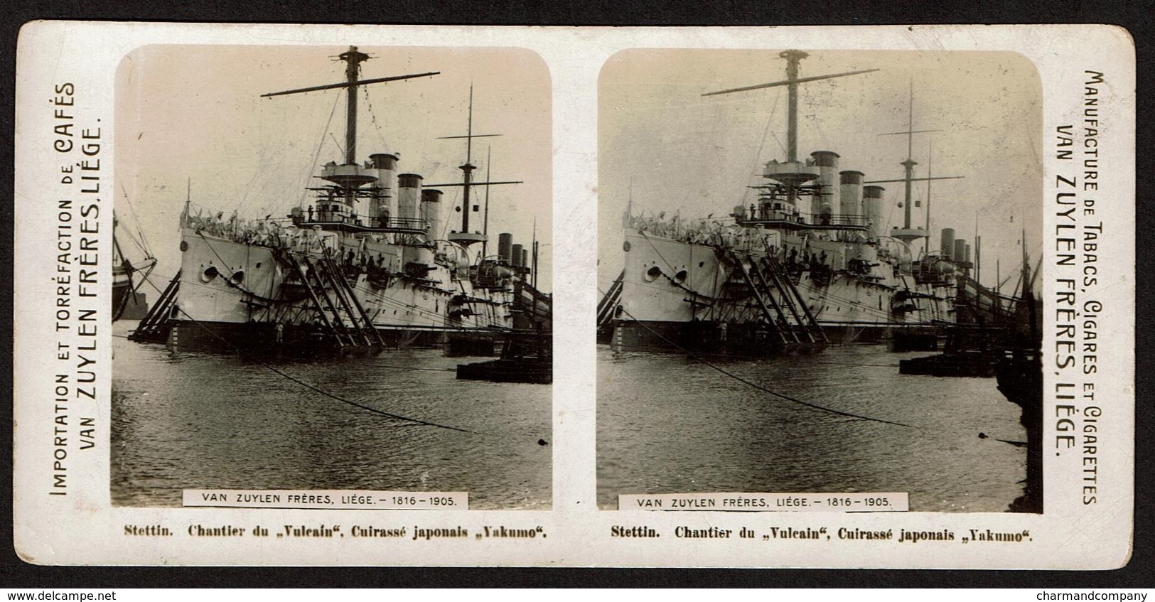 Stettin - Chantier Du Vulcain - Cuirassé Japonais Yakumo  Pub Tabacs, Cigares Et Cigarettes VAN ZUYLEN Frères Liège - Photos Stéréoscopiques