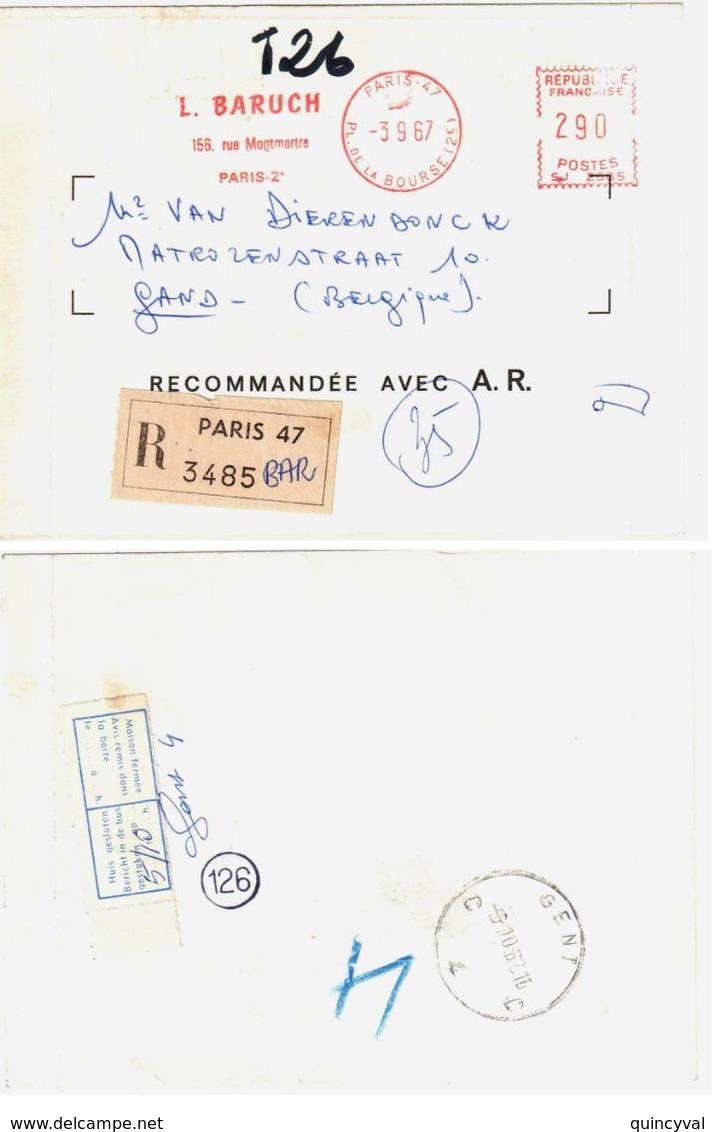 PARIS 47 BARUCH Lettre Recommandée AR EMA SJ 2085 Etiquette Tf 2,90 F Ob 1967 Dest GENT Belgique Verso AVIS Non REMIS - EMA (Print Machine)