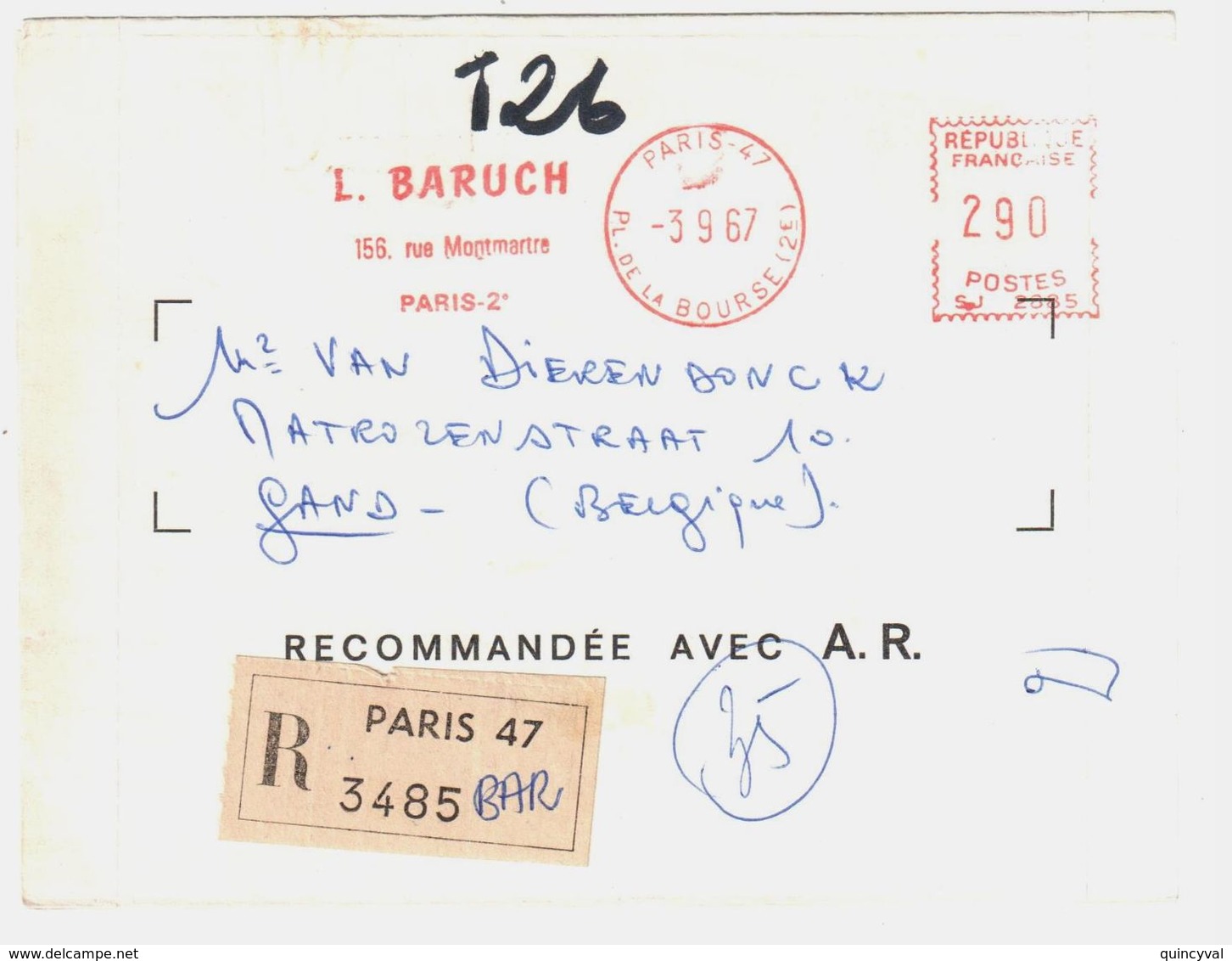 PARIS 47 BARUCH Lettre Recommandée AR EMA SJ 2085 Etiquette Tf 2,90 F Ob 1967 Dest GENT Belgique Verso AVIS Non REMIS - Freistempel