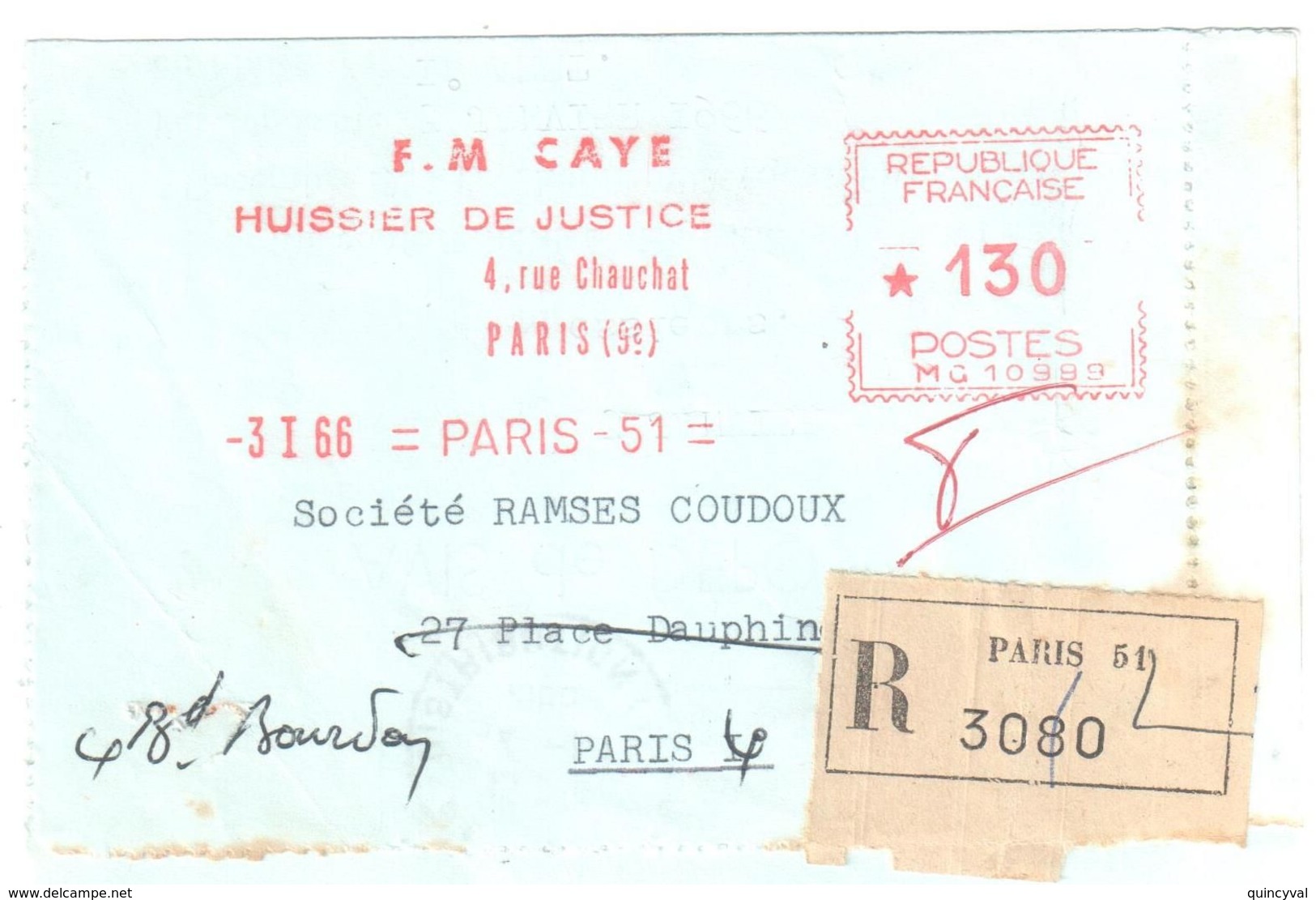 PARIS 51 Carte Lettre Recommandée Huissier CAYE EMA MG 10999 Tf 1,30F Etiquette - Freistempel