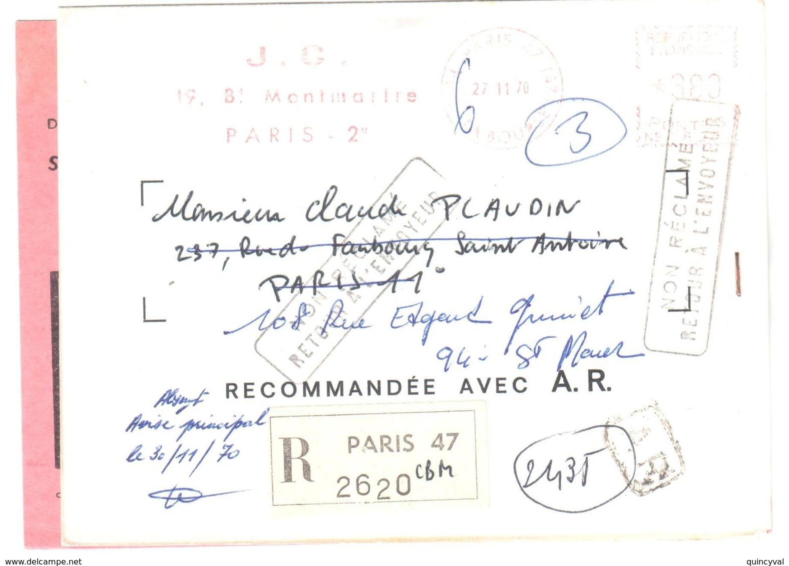 PARIS 47 Lettre Recommandé Avec AR Joint NON RECLAME Retour Envoyeur EMA NB 1825 Tf 3,80 F Ob 27 11 1970 - EMA (Printer Machine)