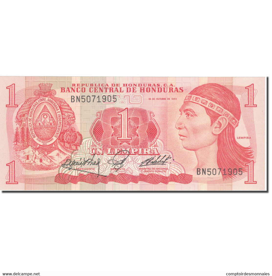 Billet, Honduras, 1 Lempira, 1984, 1984-10-18, KM:68b, NEUF - Honduras