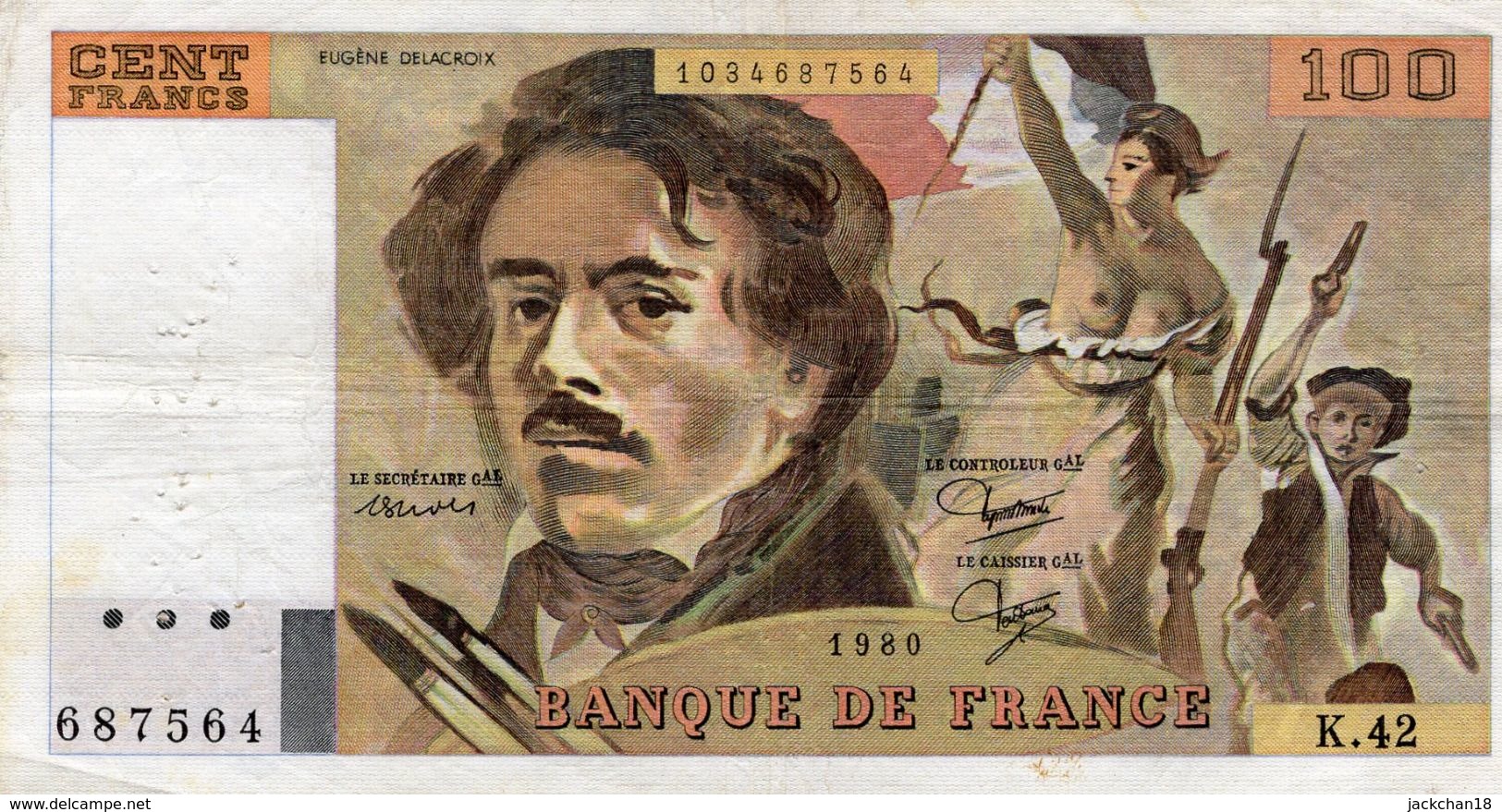 -- BILLET 100 F "EUGENE DELACROIX" Année 1980 /  K. 42 / N° 687564 -- - 100 F 1978-1995 ''Delacroix''