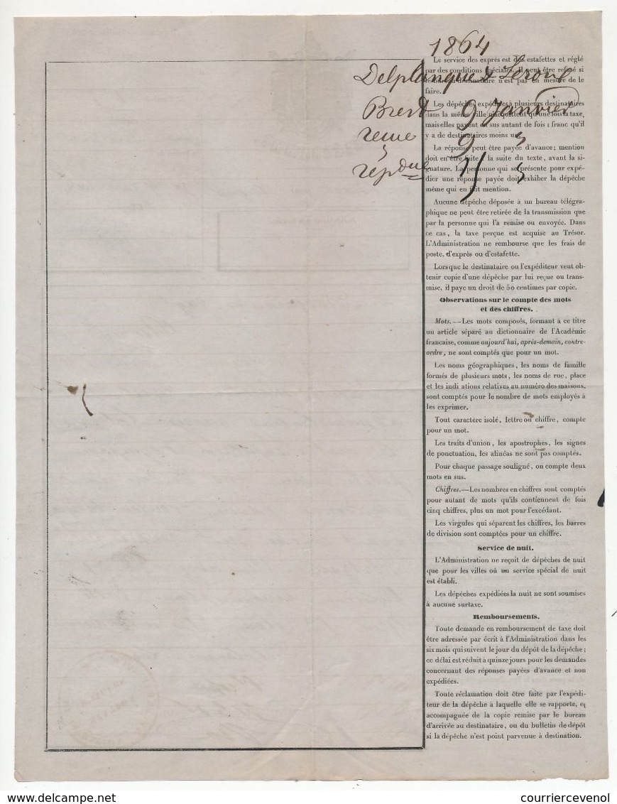 Télégramme Formule 324 (AIGLE) 1864 Cachet Rouge "Administration Télégraphique Station D'Angers" - Telegramas Y Teléfonos