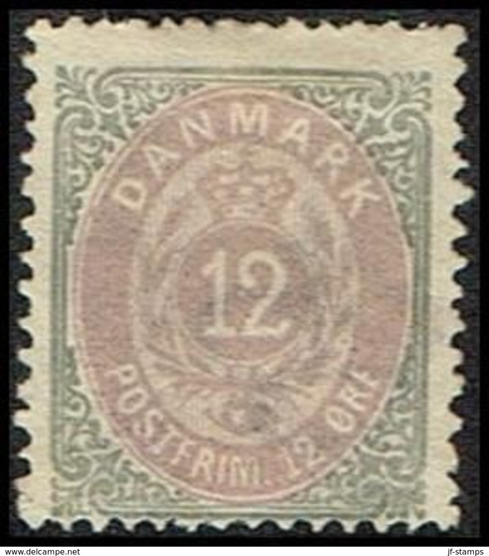 1875. Bi-coloured. 12 Øre Lilac/grey. Perf. 14x13½. Normal Frame  (Michel 26IYAa) - JF362815 - Ungebraucht