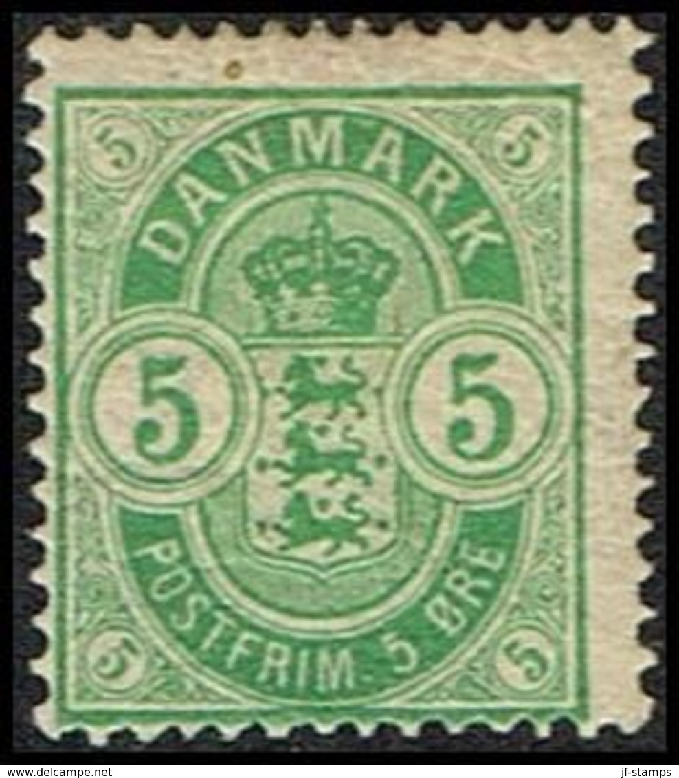 1884. Coat-of Arms. Large Corner Figures. 5 Øre Green. Perf. 14x13½ (Michel 34YA) - JF362828 - Nuovi