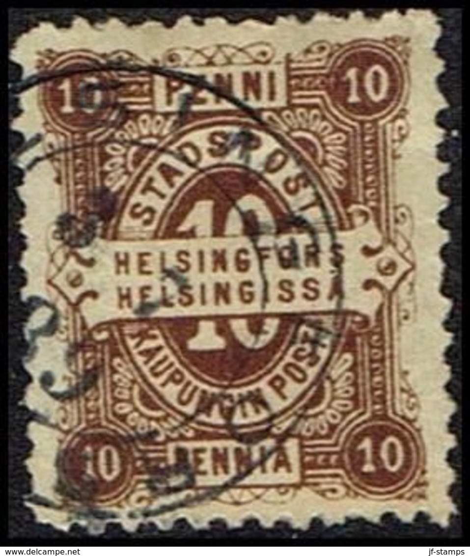 HELSINGFORS STADSPOST. 1884. 10 PENNIA. 11½ X 11½. HELSINGFORS 3 7 1889. () - JF362621 - Local Post Stamps