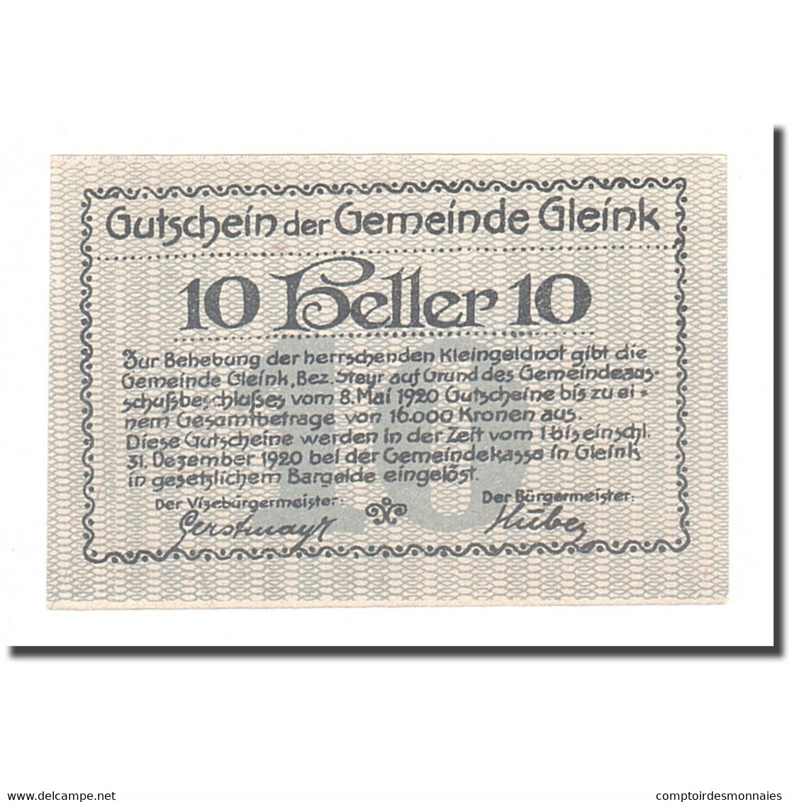 Billet, Autriche, Gleink O.Ö. Gemeinde, 10 Heller, Paysage, 1920, 1920-12-31 - Autriche