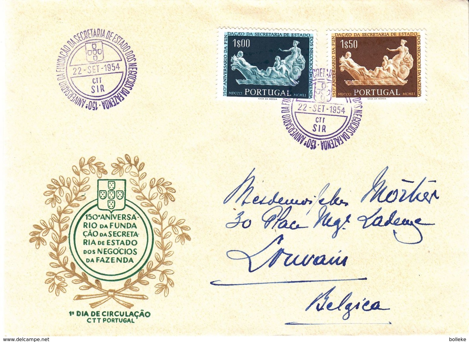 Portugal - Lettre FDC De 1954 - Exp Vers Louvain - Valeur 10 Euros - Covers & Documents