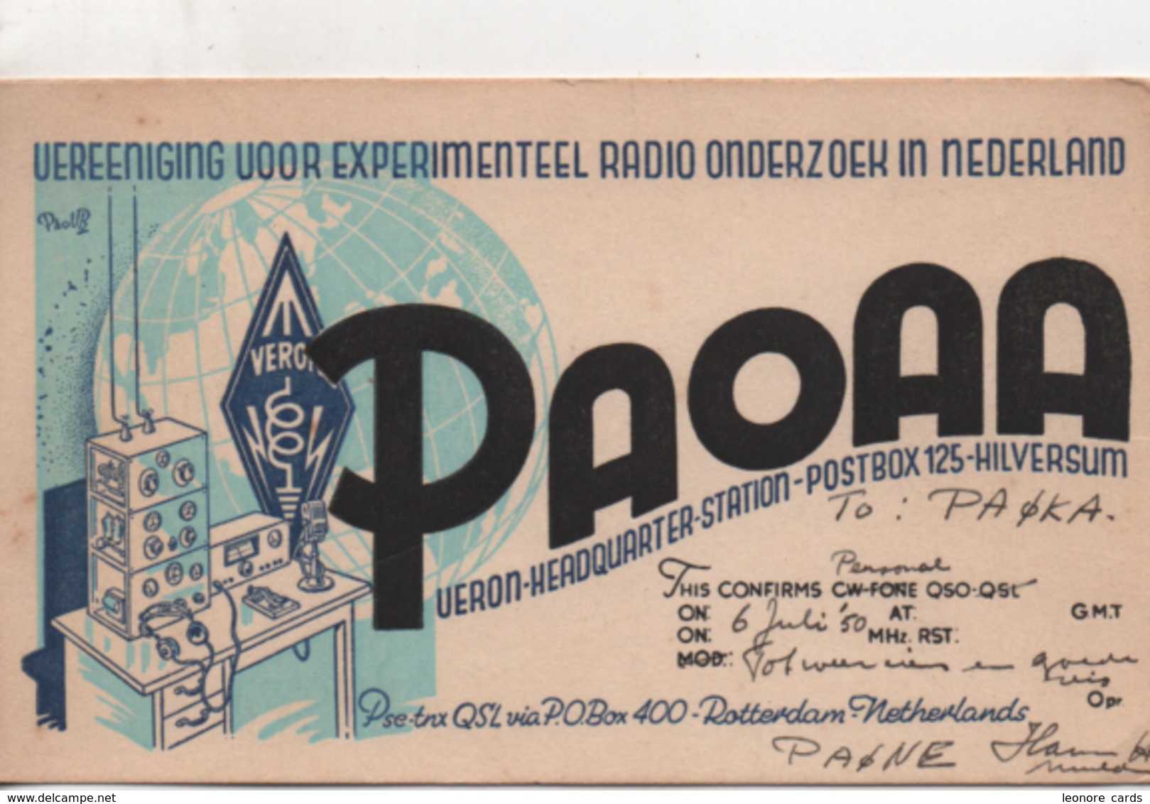 .CPA.Cartes QSL.PAOAA.1950.Veron Headquarter Station.HIlversum.To PAOKA - Radio Amateur