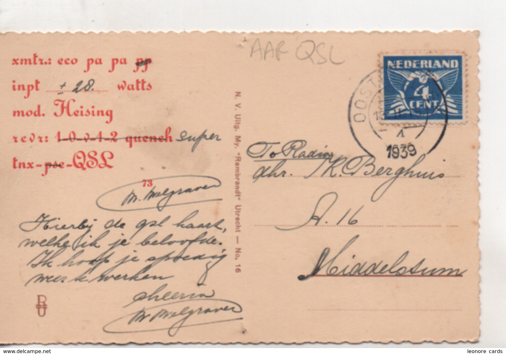 .CPA.Cartes QSL.PAoWO.1939.Osterbeek.Hartsteinlaan.Welgraven.To PAOKA - Radio Amateur