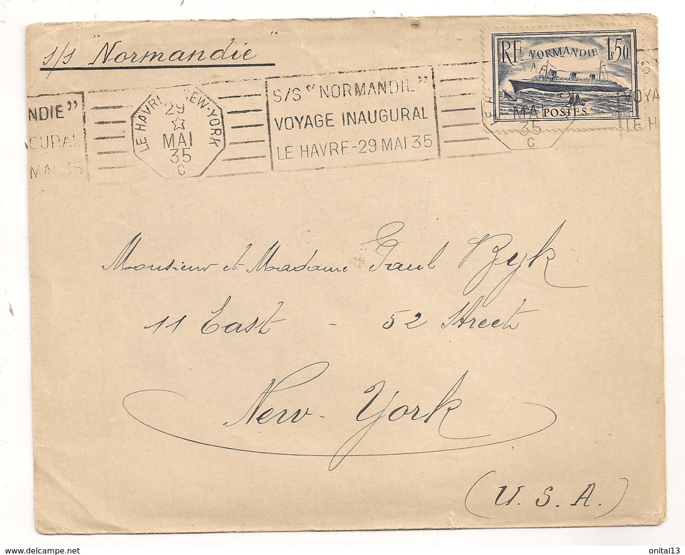 Cachet LE HAVRE NEW-YORK 29 MAI 1935 S/S NORMANDIE VOYAGE INAUGURAL   C754 - Maritieme Post