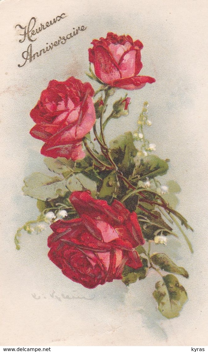 Illust. C. KLEIN . Fleurs . 3 ROSES Rouges Et Brins De Muguet  ( Verticale ) "Heureux Anniversaire" . Ref. B.R.605 - Klein, Catharina