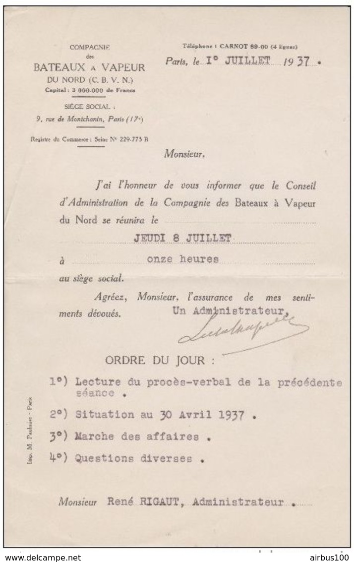 CONVOCATION1937 COMPAGNIE Des BATEAUX à VAPEUR Du NORD - CBVN - 9 Rue MONTCHANIN PARIS 17 ème - RIGAUT - Other & Unclassified