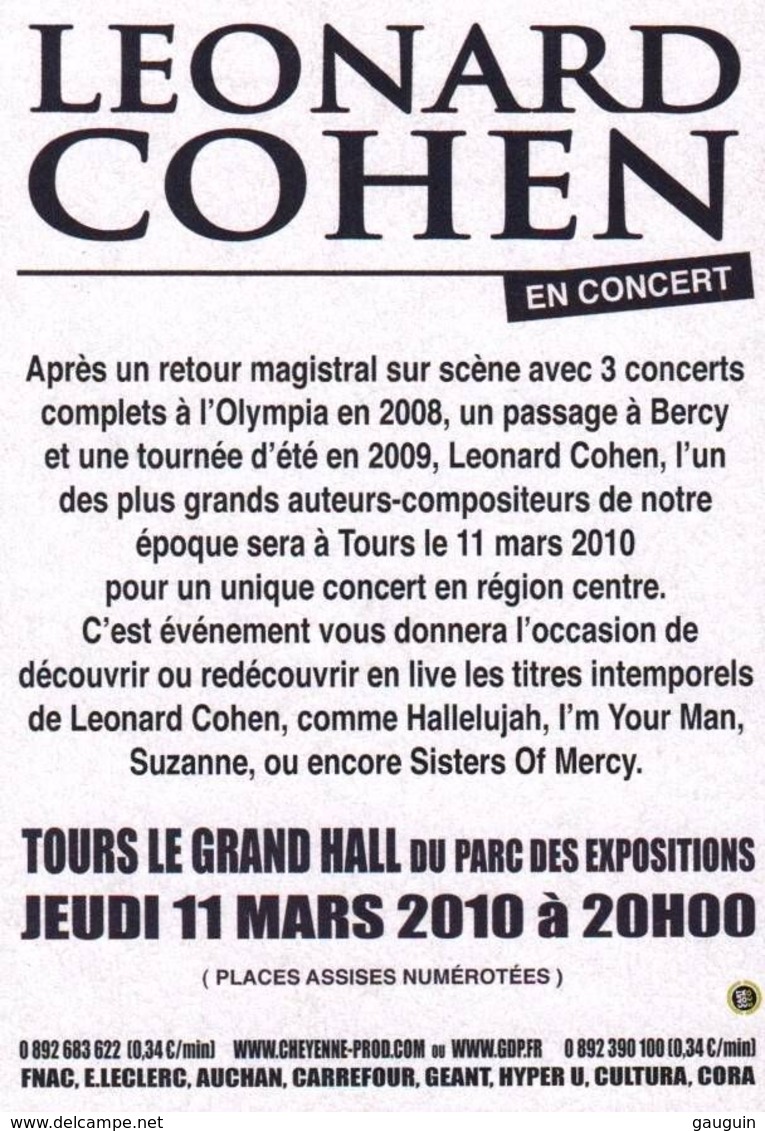 CPM - LEONARD COHEN - (Concert à TOURS - Mars 2010)...- Edition Pub - Cantantes Y Músicos