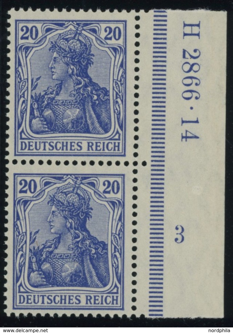 Dt. Reich 87Ia HAN Paar **, 1905, 20 Pf. Ultramarin Friedensdruck Im Senkrechten HAN-Paar H 2866.14 Und Plattennummer 3, - Unused Stamps