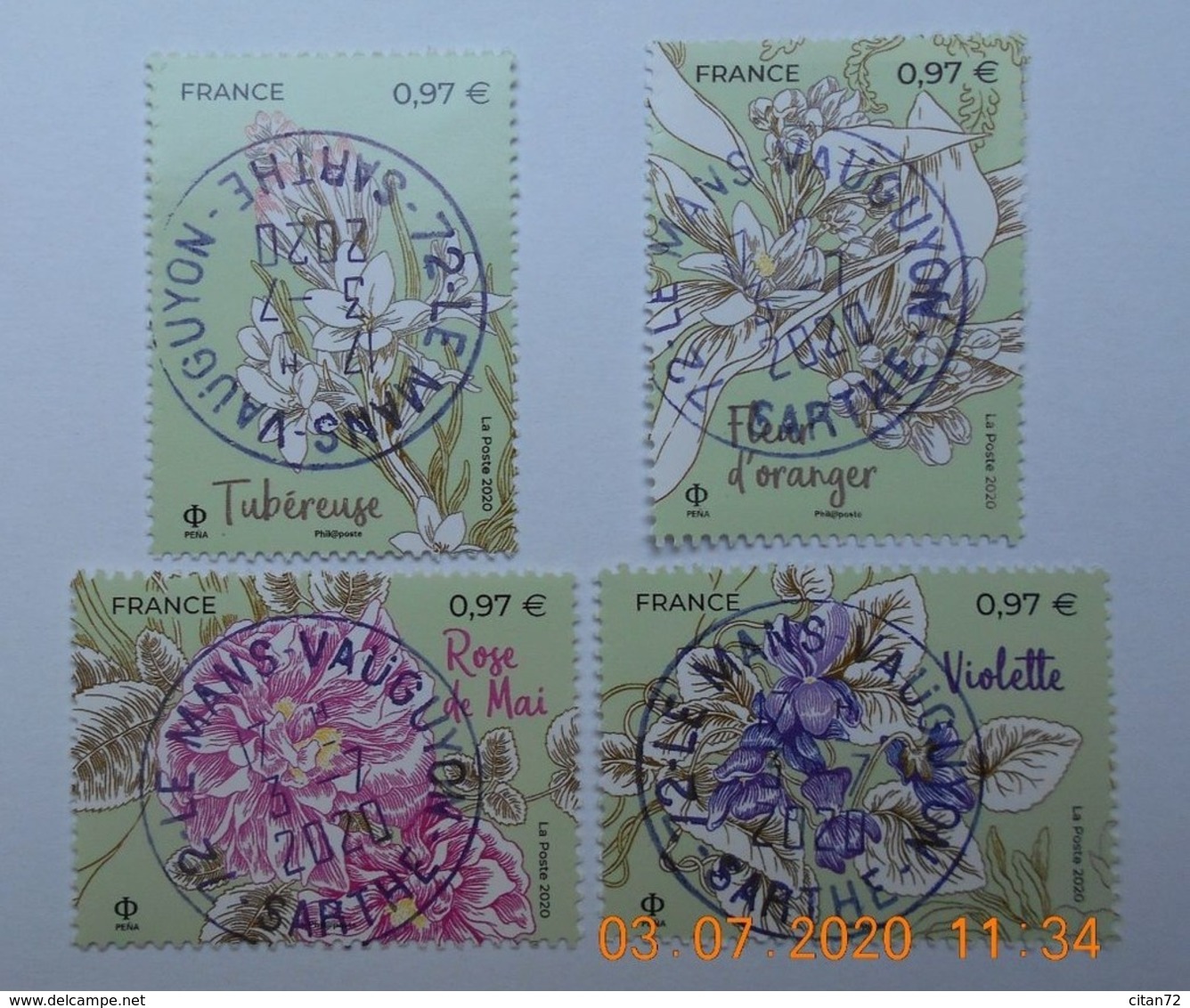 FRANCE 2020 Du   Feuillet   FLEURS DE GRASSE ET MEDITERRANNEE    Timbres Neufs    Cachets   RONDS - Oblitérés