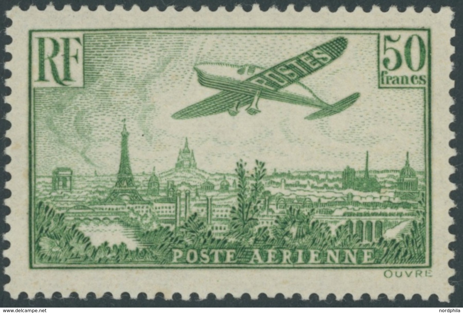 FRANKREICH 311a **, 1936, 50 Fr. Gelbgrün Flugzeug über Paris, Postfrisch, Pracht, Signiert, Mi. 1300.- - Autres & Non Classés