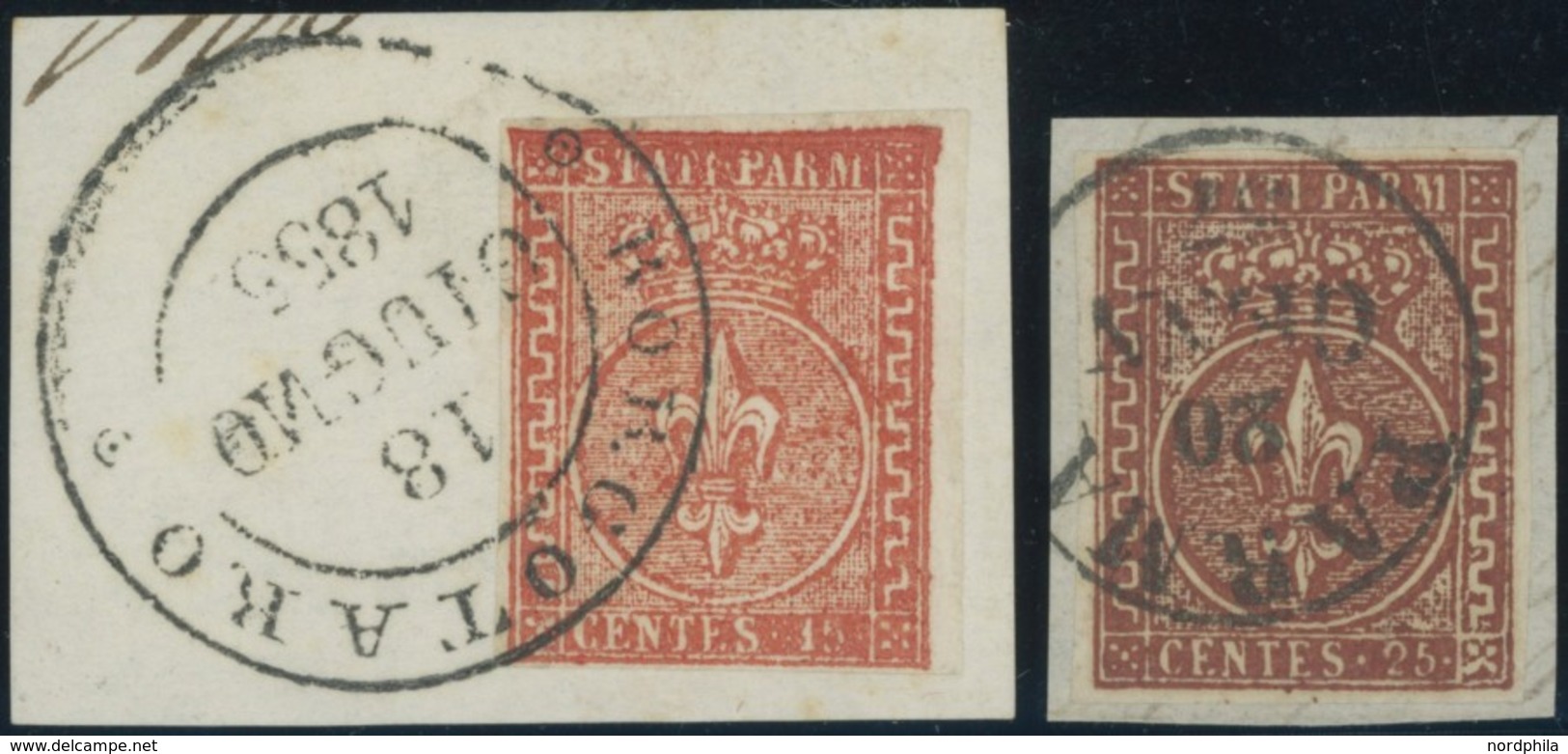 PARMA 7/8 BrfStk, 1853/5, 15 C. Rot Und 25 C. Rotbraun, 2 Prachtbriefstücke - Parme