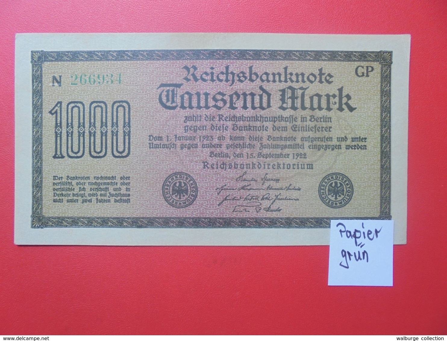 Reichsbanknote 1000 MARK 1922 VARIANTE CIRCULER (B.15) - 1000 Mark