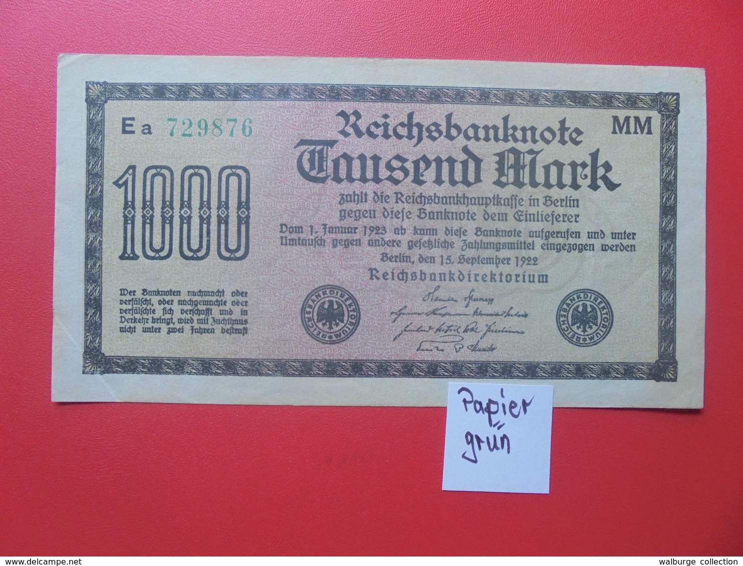 Reichsbanknote 1000 MARK 1922 VARIANTE CIRCULER (B.15) - 1000 Mark