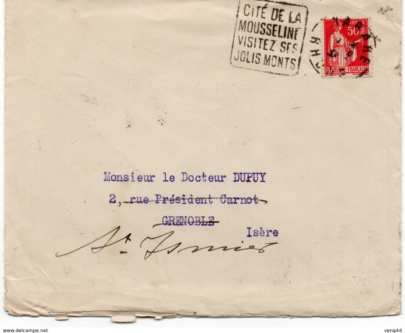 LETTRE OBLITERATION DAGUIN - TARARE - CITE DE LA MOUSSELINE -VISITEZ SES JOLIS MONTS -1933 - Maschinenstempel (Sonstige)