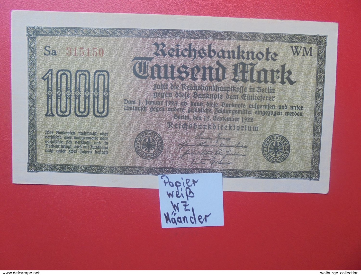 Reichsbanknote 1000 MARK 1922 VARIANTE CIRCULER (B.15) - 1.000 Mark