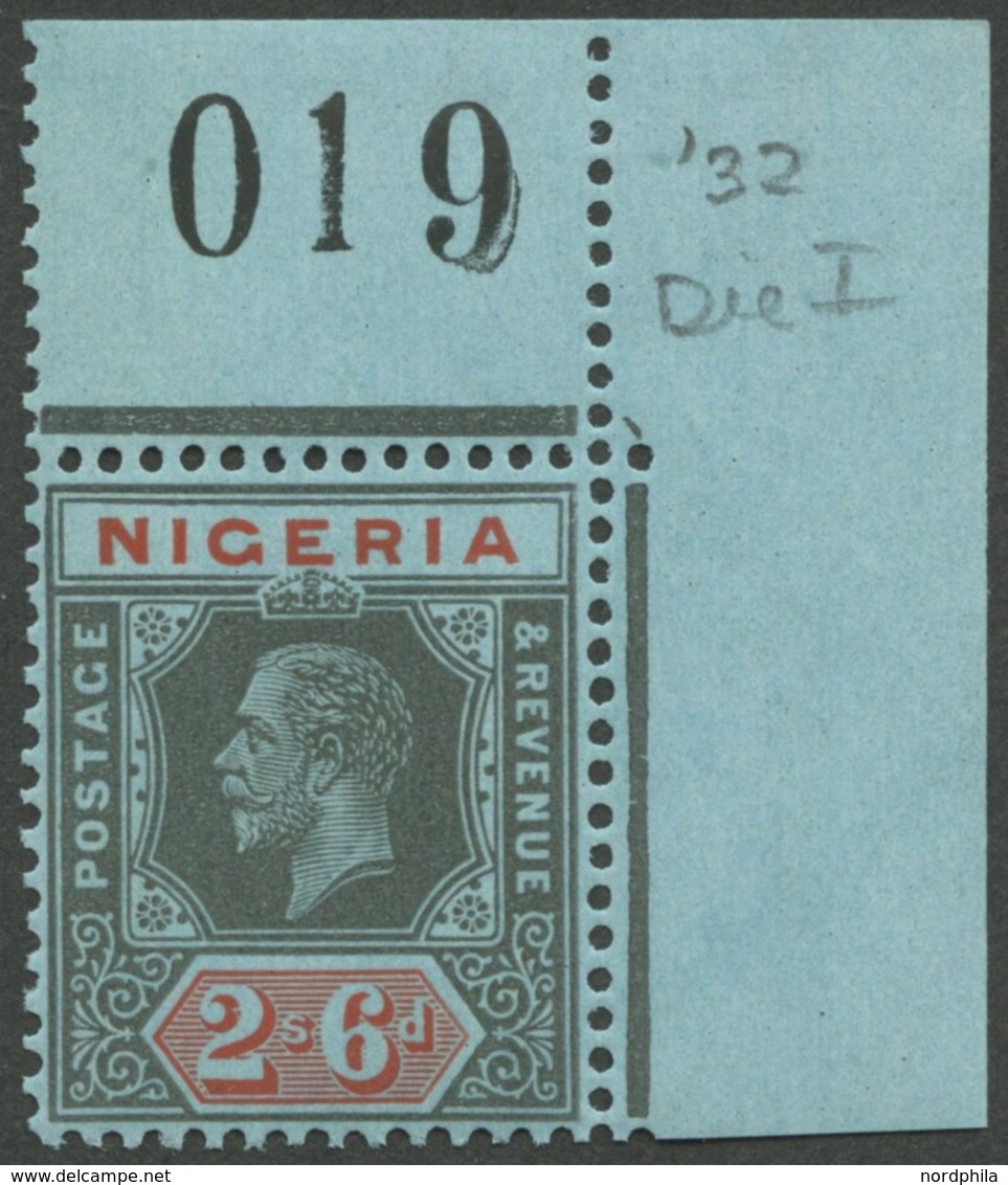 NIGERIA 21I **, 1932, 2`6 Sh/P Schwarz/rot Auf Blau, Platte 1, Aus Der Oberen Rechten Bogenecke Mit Bogen Nr., Postfrisc - Nigeria (1961-...)