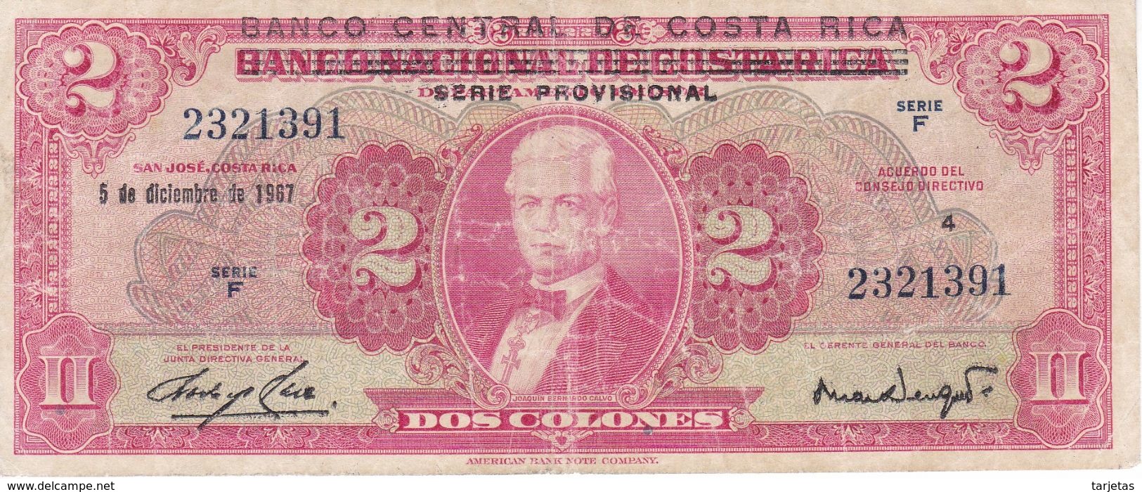 BILLETE DE COSTA RICA DE 2 COLONES DEL AÑO 1967 (BANKNOTE) - Costa Rica