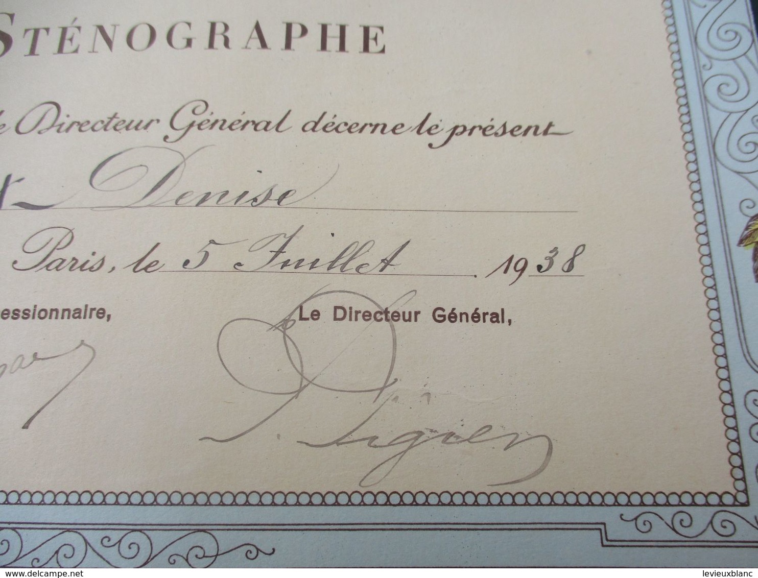 Diplôme De Formation/Cours PIGIER/ Section D'Evreux/Certificat De STENOGRAPHIE/Dronet/PARIS/1938                  DIP238 - Diploma & School Reports