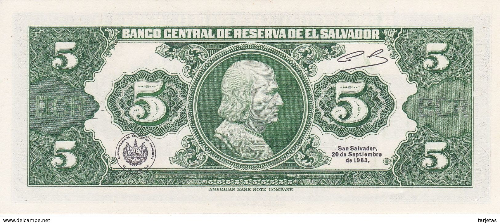 BILLETE DE EL SALVADOR DE 5 COLONES DEL AÑO 1983 DE CRISTOBAL COLON SIN CIRCULAR - UNCIRCULATED  (BANKNOTE) - El Salvador