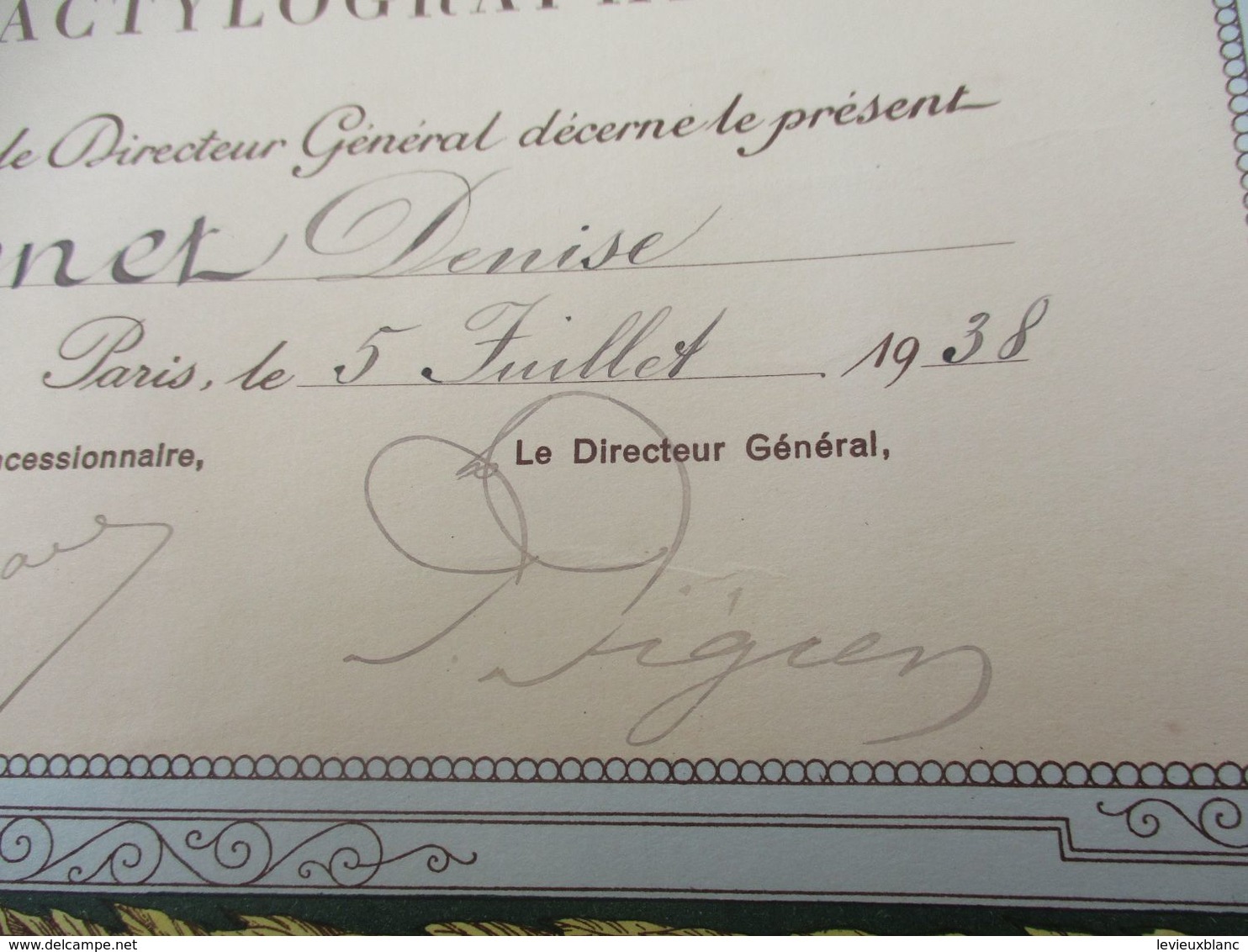 Diplôme De Formation/Cours PIGIER/ Section D'Evreux/Certificat DeDACTYLOGRAPHIE/Dronet/PARIS/1938                DIP237 - Diploma & School Reports