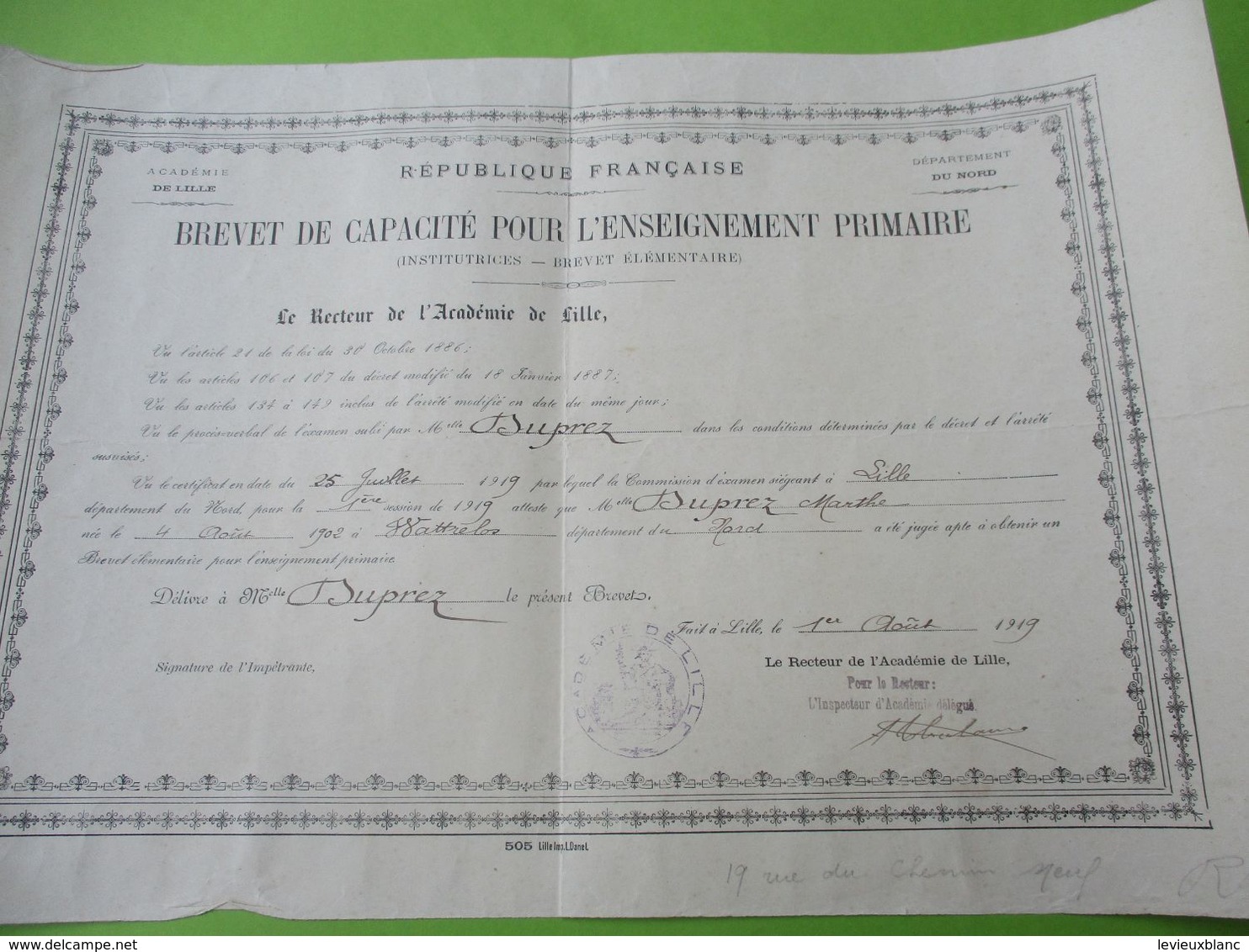 Diplôme D'Enseignement/ Brevet De Capacité Pour L'Enseignement Primaire/Académie De LILLE/Duprez Marthe/1919    DIP253 - Diplomi E Pagelle