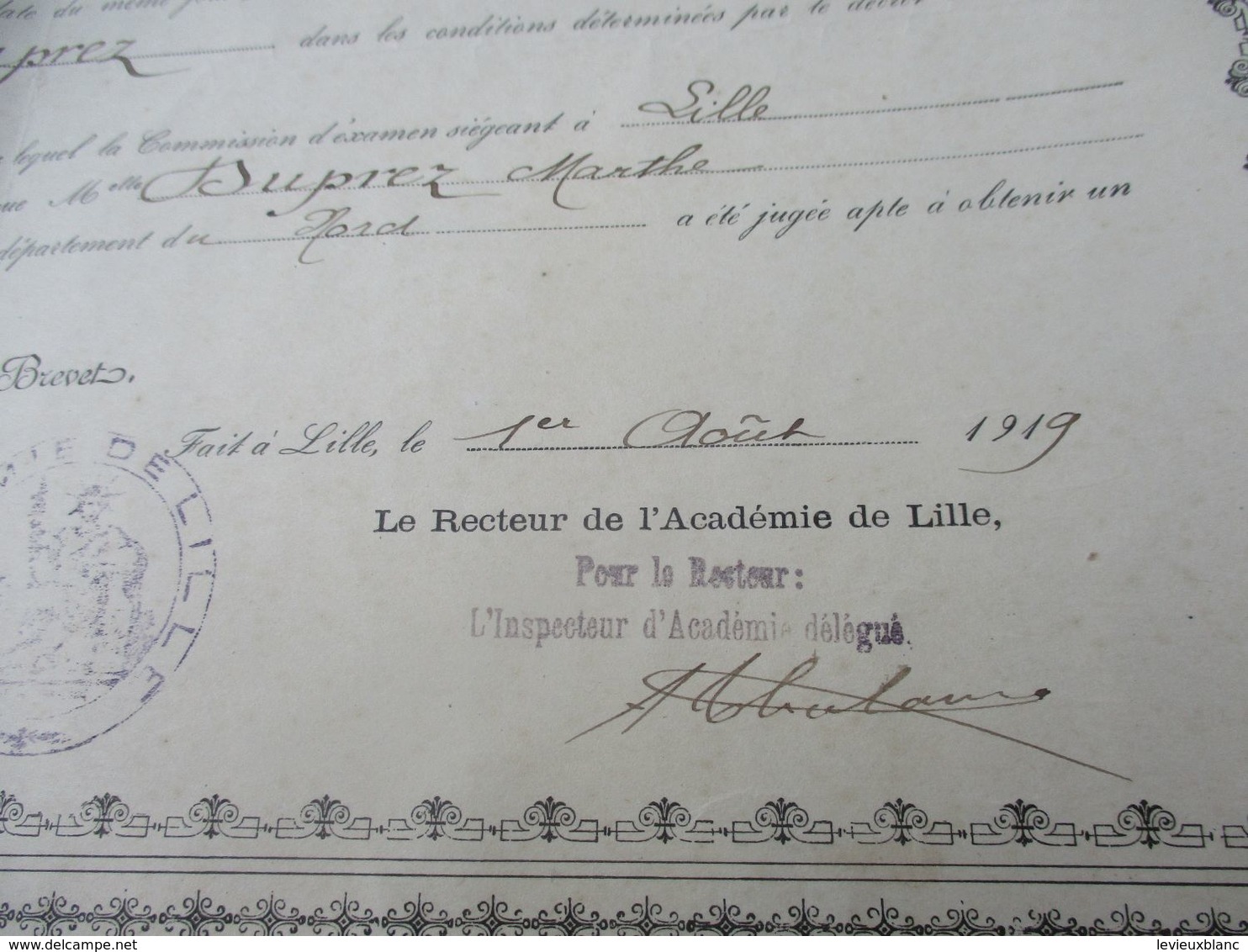 Diplôme D'Enseignement/ Brevet De Capacité Pour L'Enseignement Primaire/Académie De LILLE/Duprez Marthe/1919    DIP253 - Diplomi E Pagelle