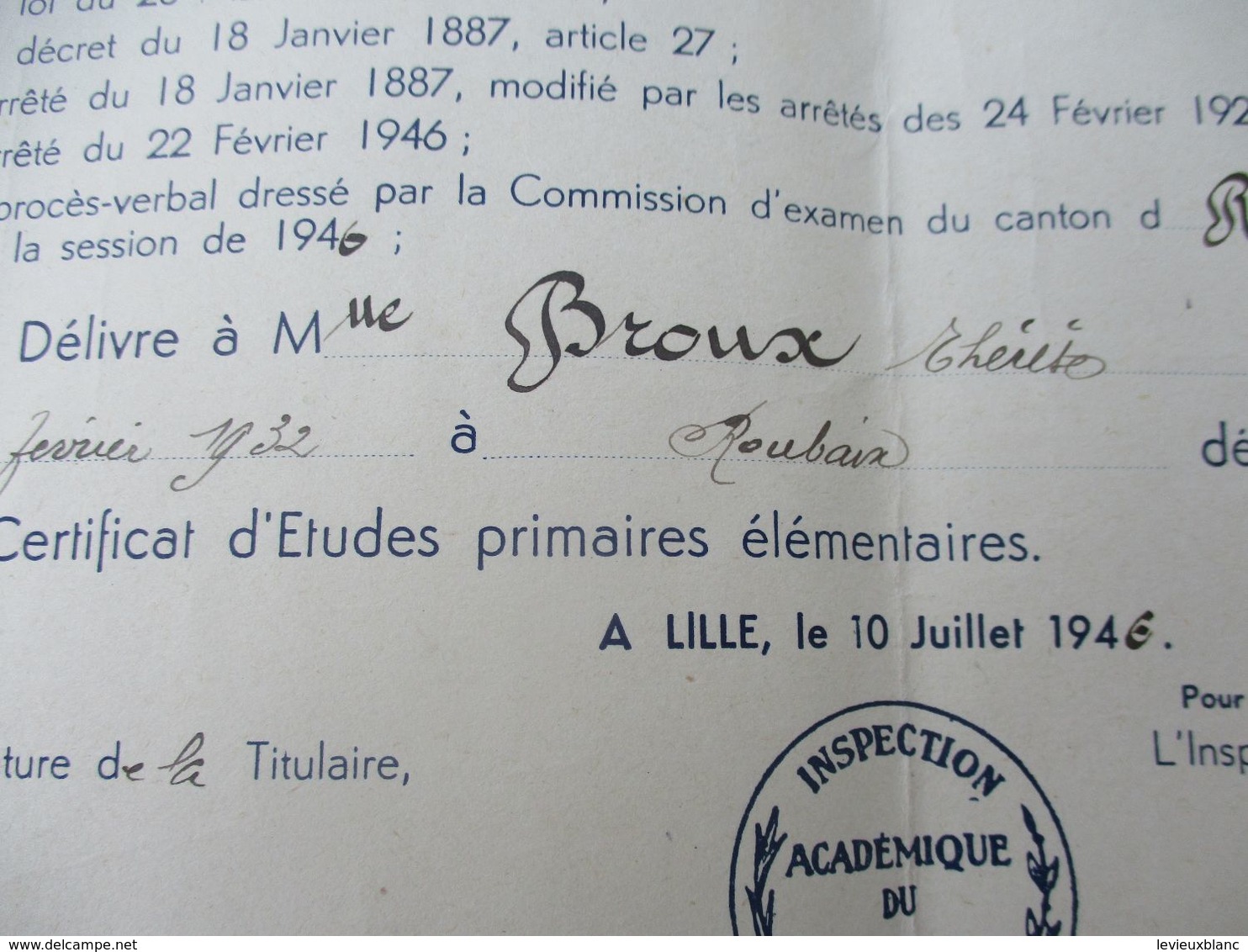 Diplôme Scolaire/Certificat Etudes Primaires/Académie De LILLE/Roubaix-Tourcoing/Dépt Du Nord/Broux Thérése/1946  DIP249 - Diplômes & Bulletins Scolaires