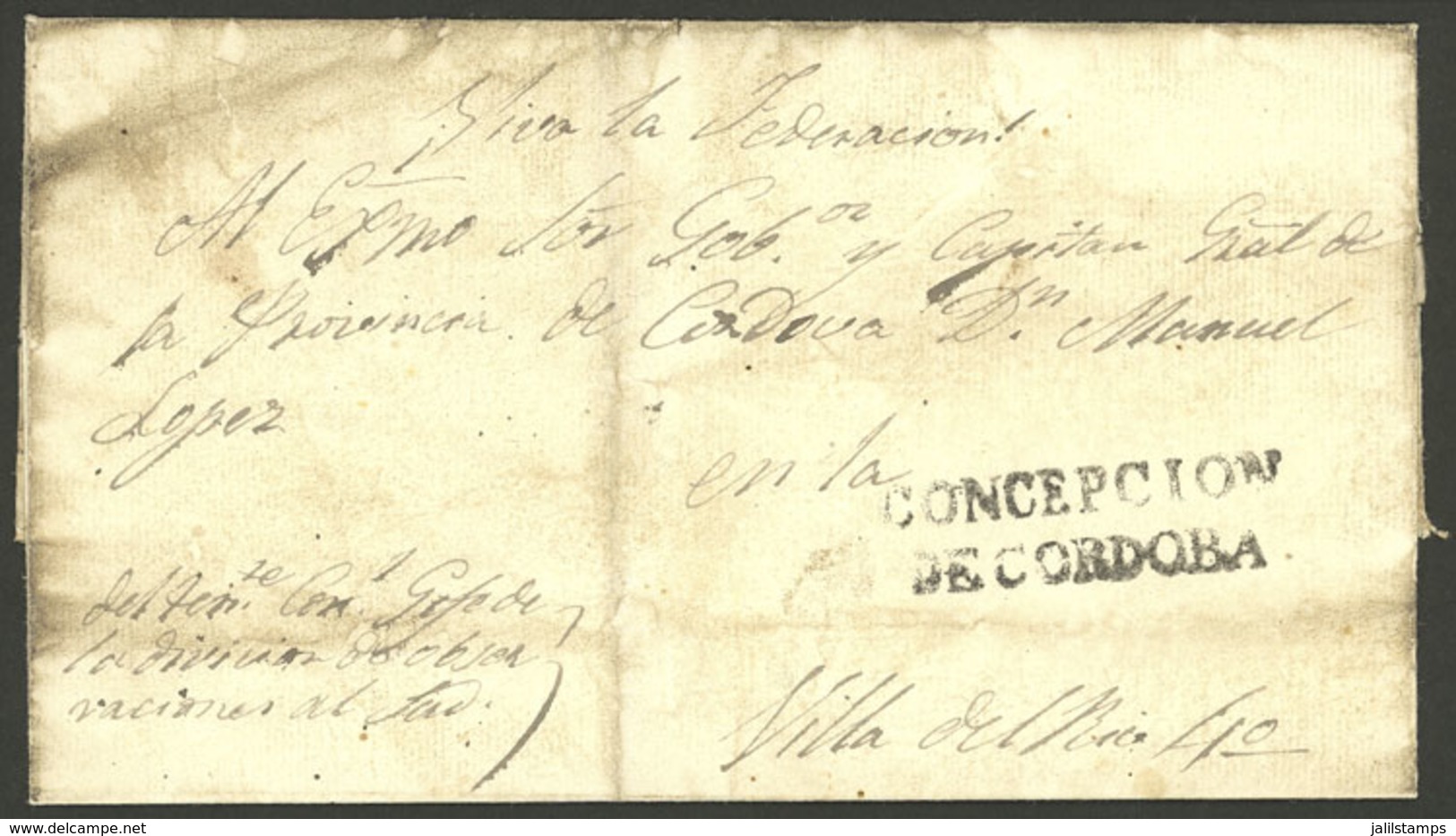 ARGENTINA: Folded Cover Used In 1840s (genuine), With A FORGED Straightline Pre-stamp Mark "CONCEPCION DE CORDOBA" In Bl - Vorphilatelie