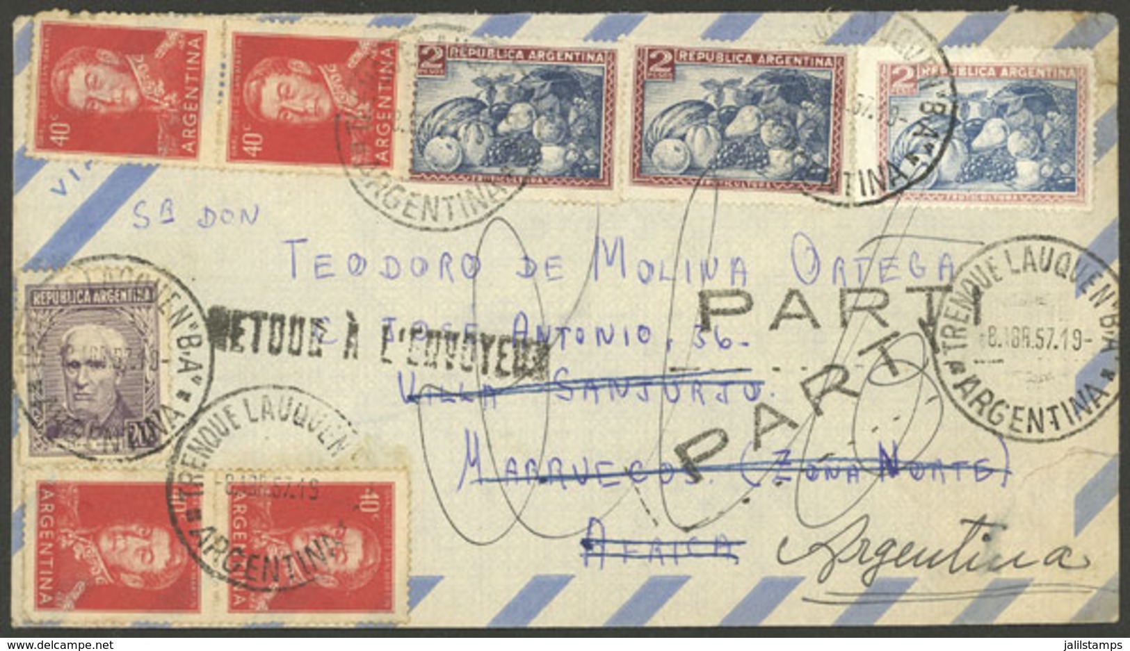 ARGENTINA: MIXED Postage And RARE DESTINATION: Airmail Cover Sent From Trenque Lauquen To MOROCCO NORTH AREA On 8/AP/195 - Storia Postale