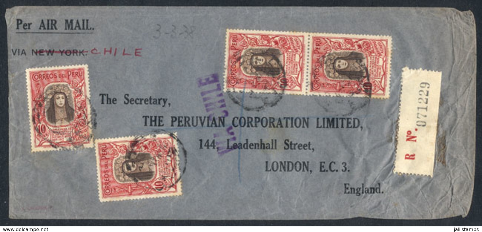 PERU: Spectacular Postage Of 40 Soles (Sc.C39 X4) On A Registered Airmail Cover Sent From Lima To England On 3/MAR/1938, - Peru