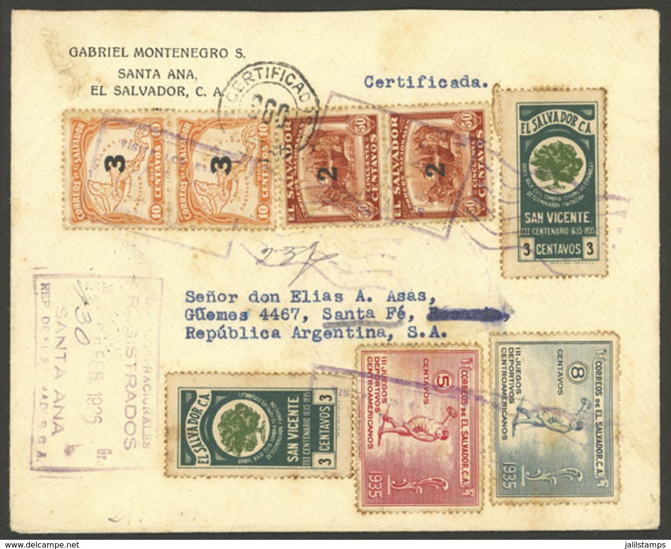 EL SALVADOR: 25/FE/1935 Santa Ana - Argentina, Registered Cover With Multicolor Franking Of 29c., With Arrival Backstamp - El Salvador