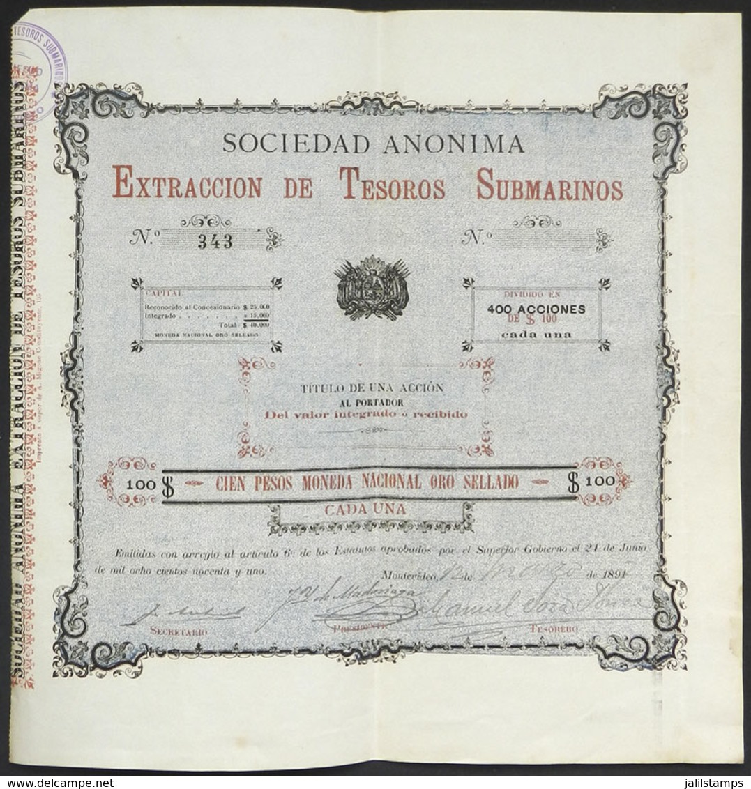 URUGUAY: Certificate For 400 Shares Of The Year 1891: Company That EXTRACTED UNDERWATER TREASURES, Very Nice And Rare! - Autres & Non Classés