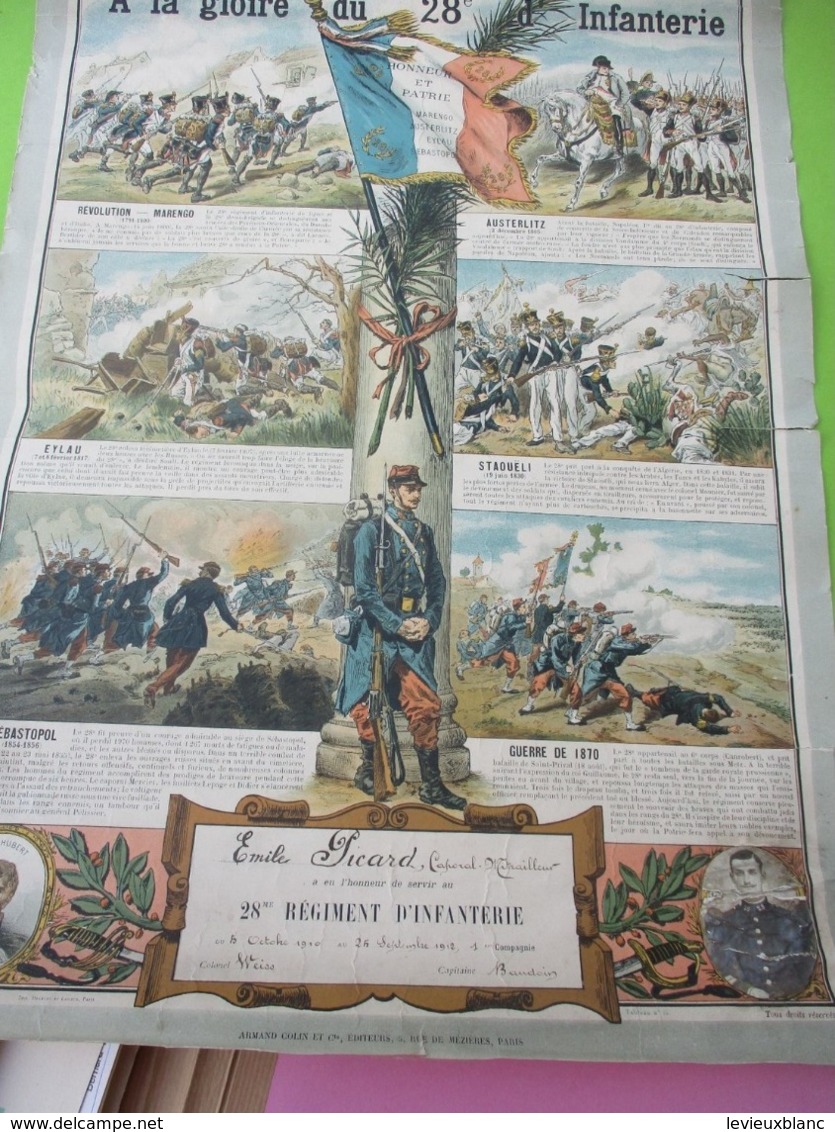 Militaria/Certificat De Présence/A La Gloire Du 28éme D'Infanterie/ PICARD Caporal-Tirailleur/Armand Colin/1912  DIP239 - Documents