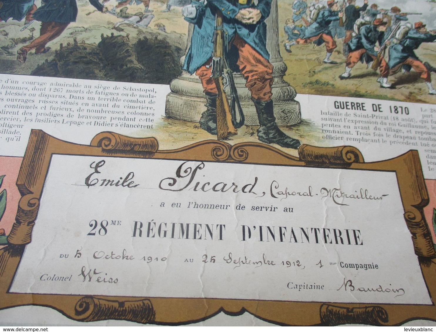 Militaria/Certificat De Présence/A La Gloire Du 28éme D'Infanterie/ PICARD Caporal-Tirailleur/Armand Colin/1912  DIP239 - Documenten