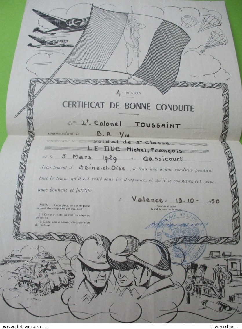 Militaria/Certificat De Bonne Conduite/4éme Région/ BA 1-111/ Lt Colonel Toussaint/VALENCE/Michel Le DUC/1950 DIP251 - Dokumente