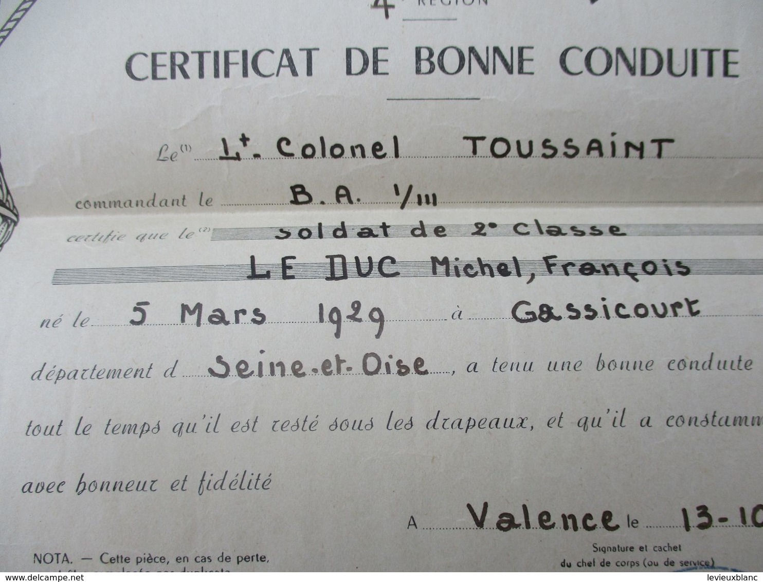 Militaria/Certificat De Bonne Conduite/4éme Région/ BA 1-111/ Lt Colonel Toussaint/VALENCE/Michel Le DUC/1950 DIP251 - Dokumente