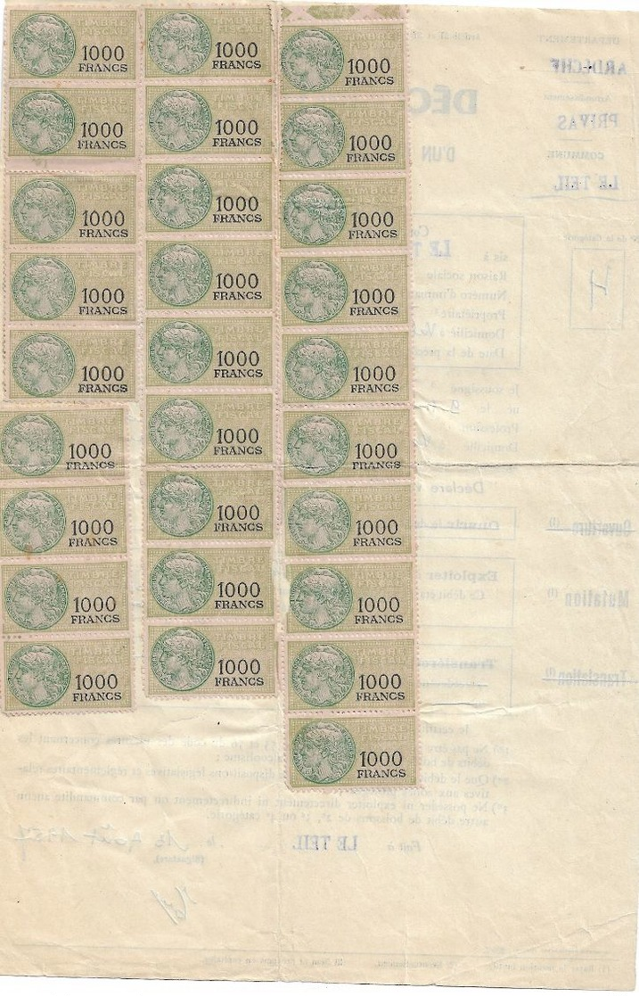 N°308  1000 Francs : 28 Timbres En 3 Bandes, Sur Déclaration De Mutation Débit De Boisson LE TEIL  Ardèche - Other & Unclassified