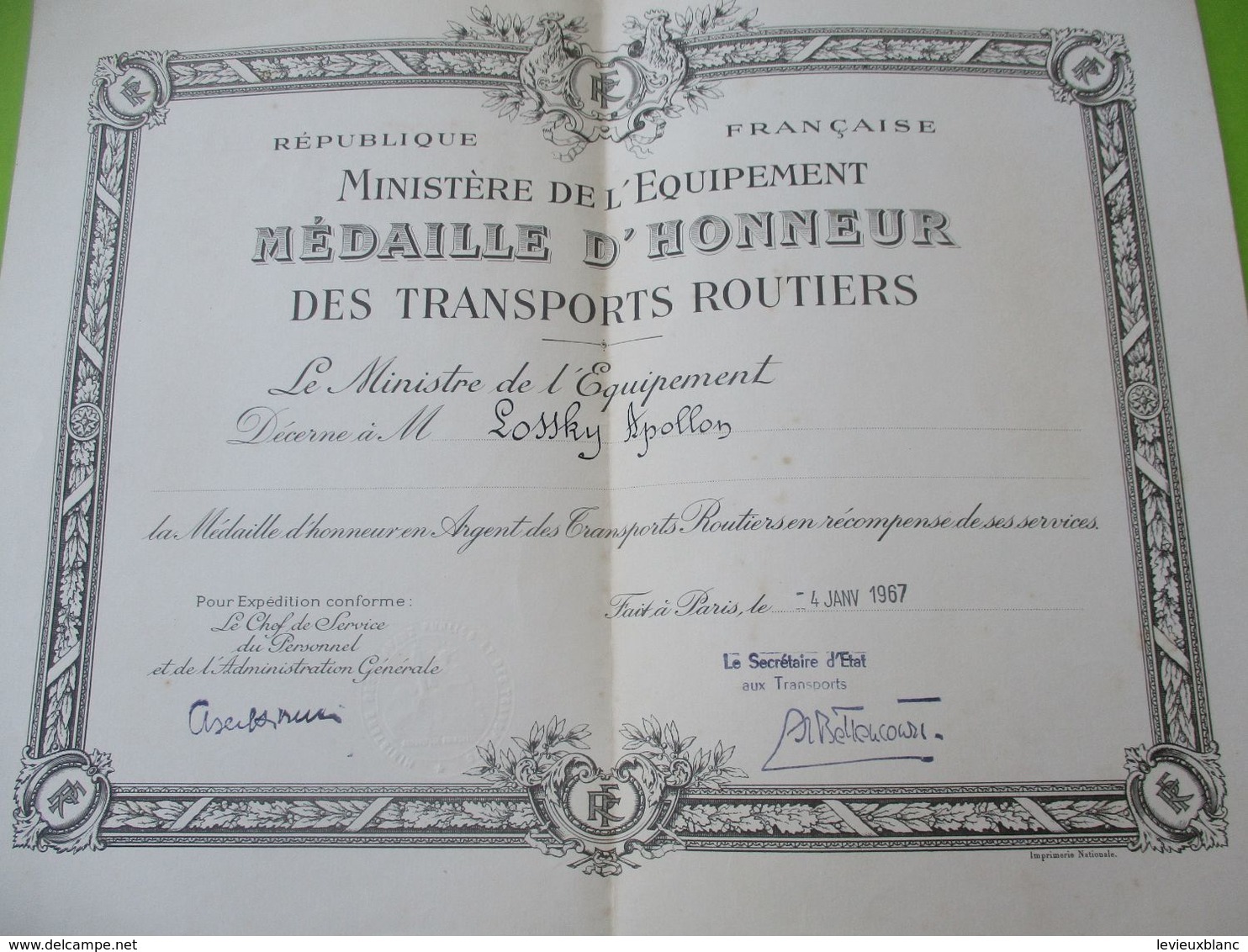 Militaria/Diplôme / Médaille D'Honneur Des Transports Routiers/Ministère De L'Equipement LOSSKY/1967          DIP224 - Documents