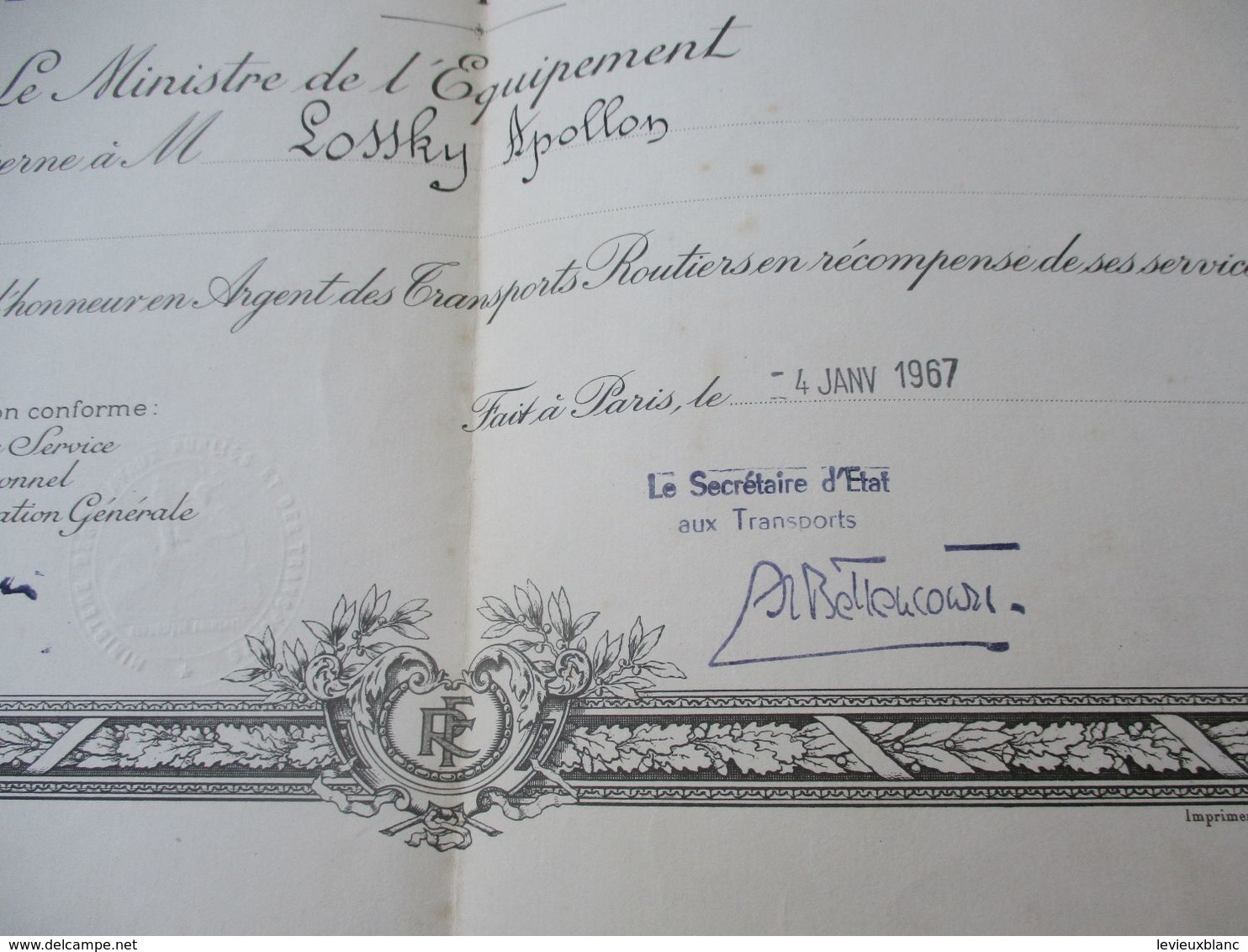 Militaria/Diplôme / Médaille D'Honneur Des Transports Routiers/Ministère De L'Equipement LOSSKY/1967          DIP224 - Documents